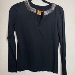 Tory Burch Black Long Sleeve V-Neck Beaded Collar Top Sz X-Small